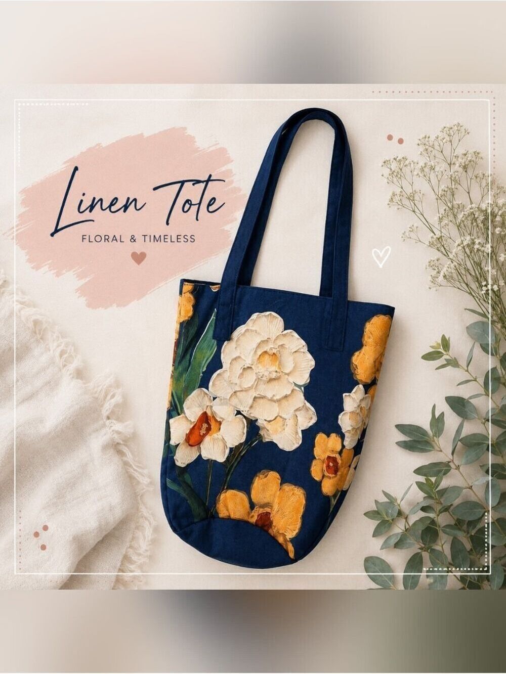 Navy Linen Tote Yellow Floral Accents